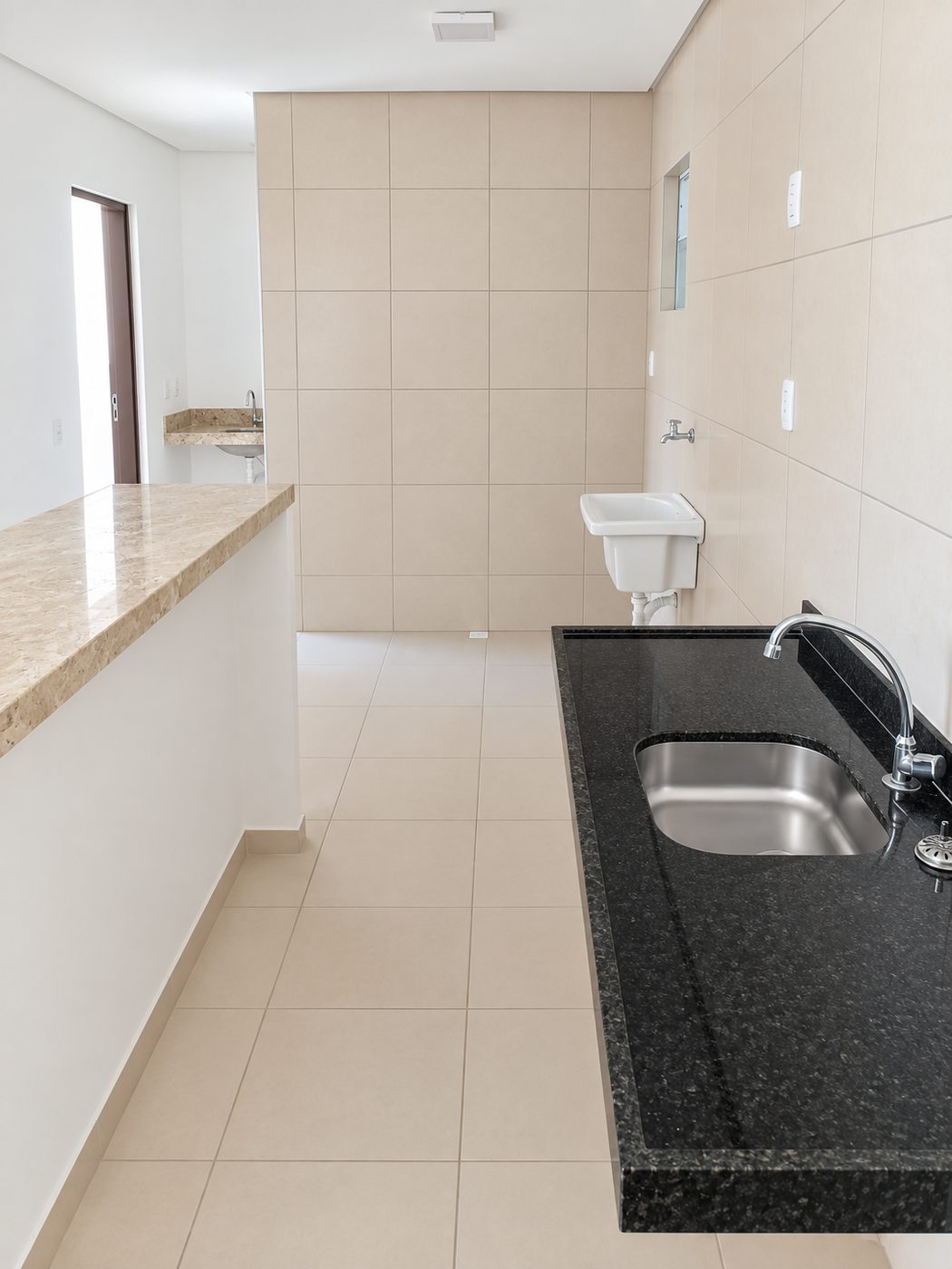Cozinha americana integrada, com bancada em granito