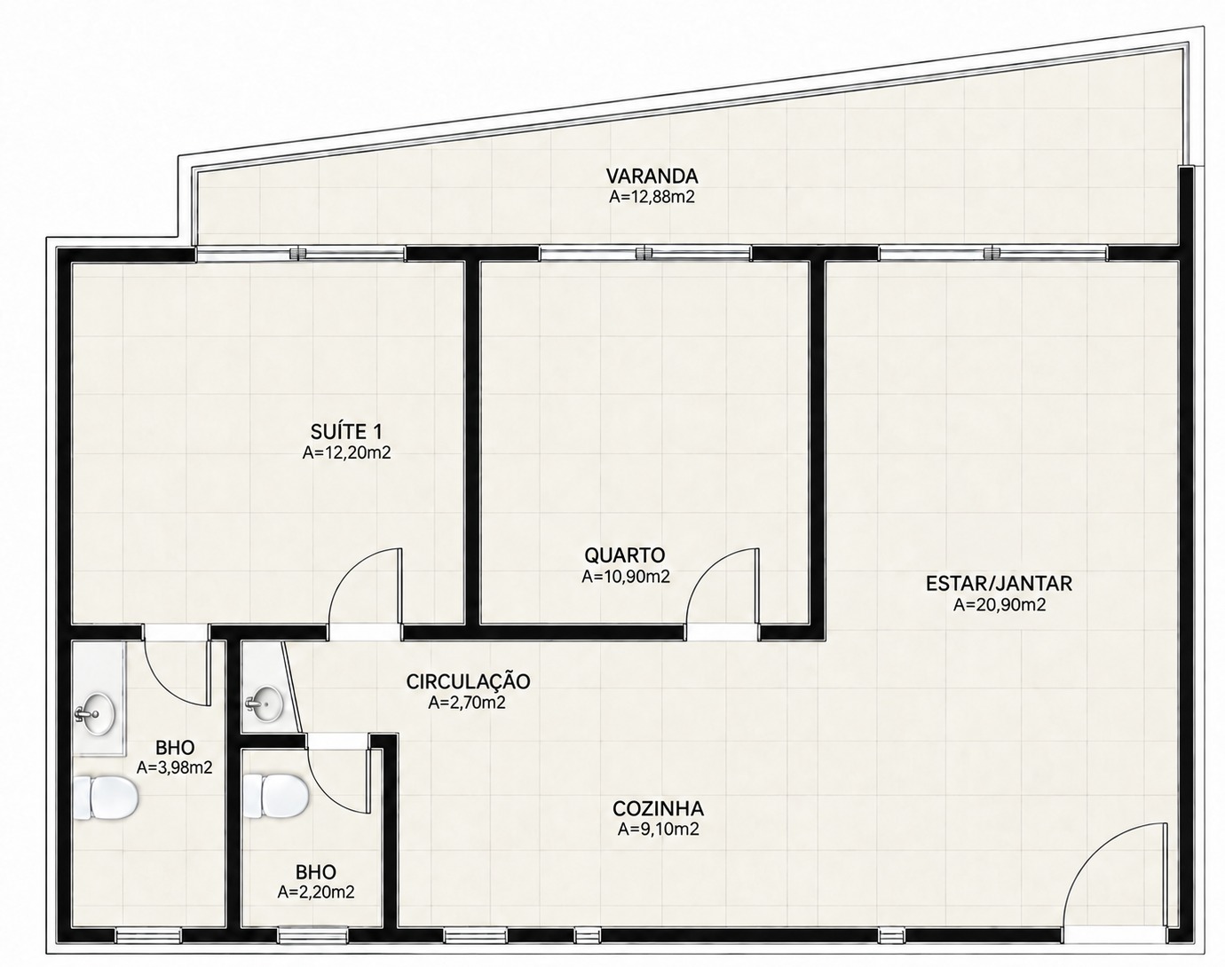 Planta do apartamento T2 — suíte, quarto, sala de estar e jantar, cozinha, dois banheiros, circulação e varanda